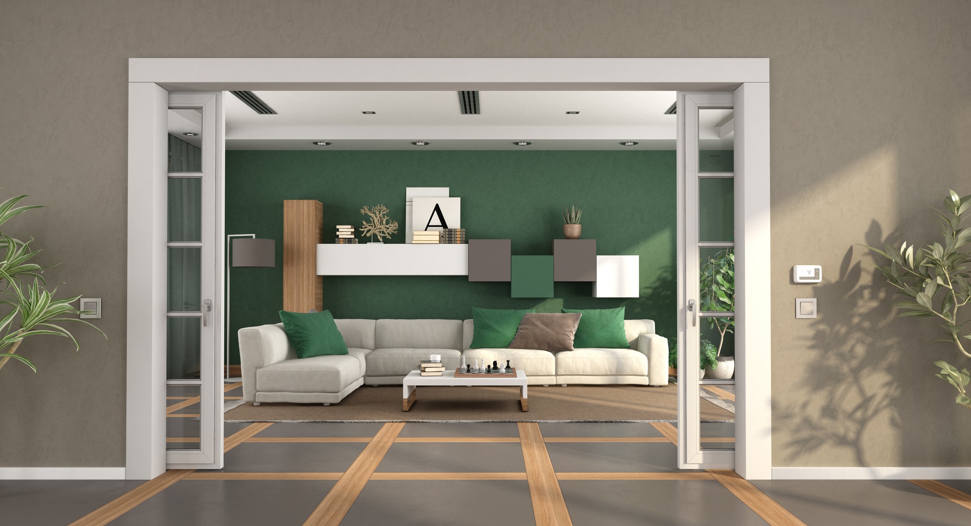 living room with open sliding door and sofa on background - 3d rendering